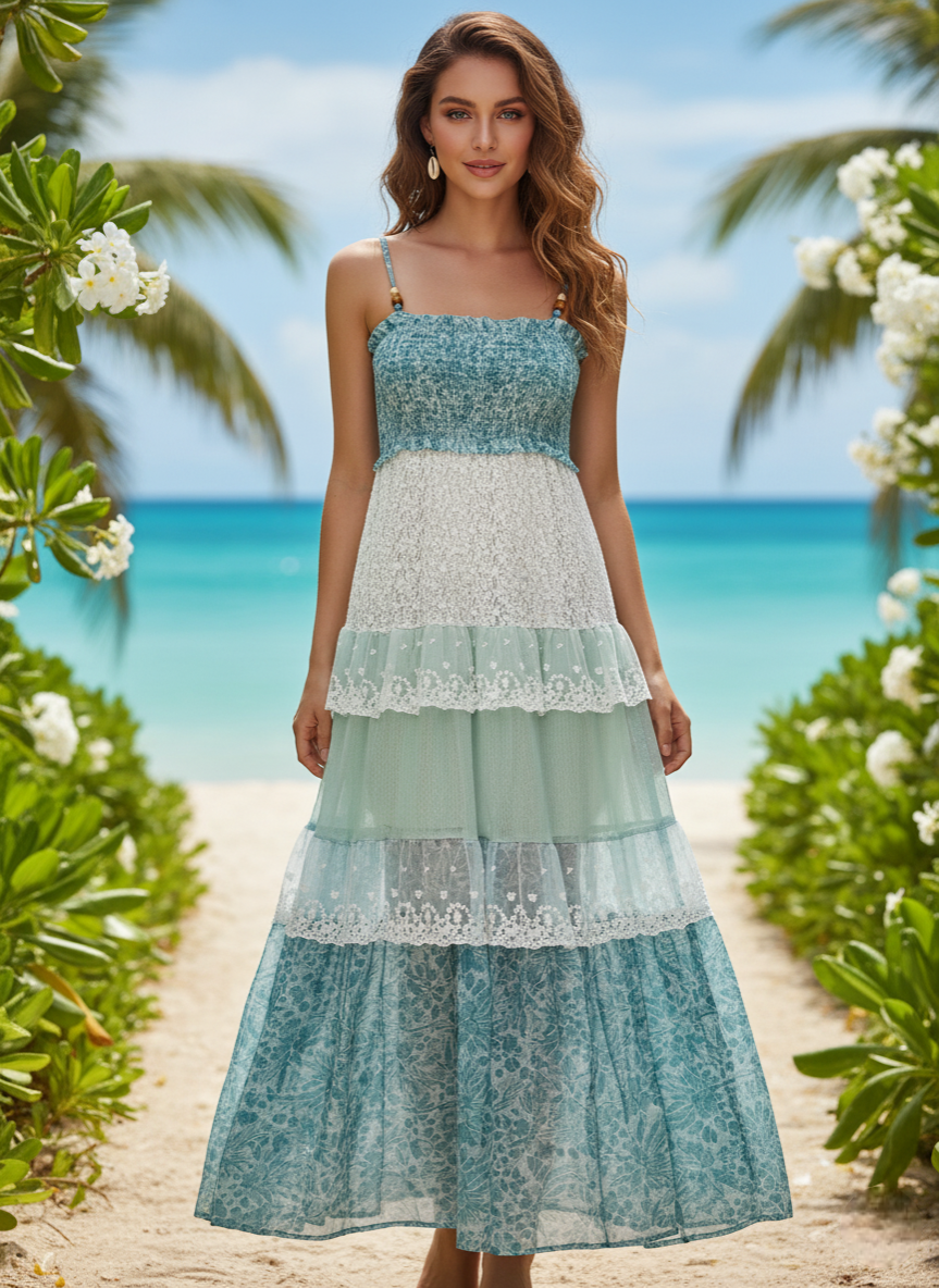 Boho Beach Ombre Smocked Tiered Maxi Dress