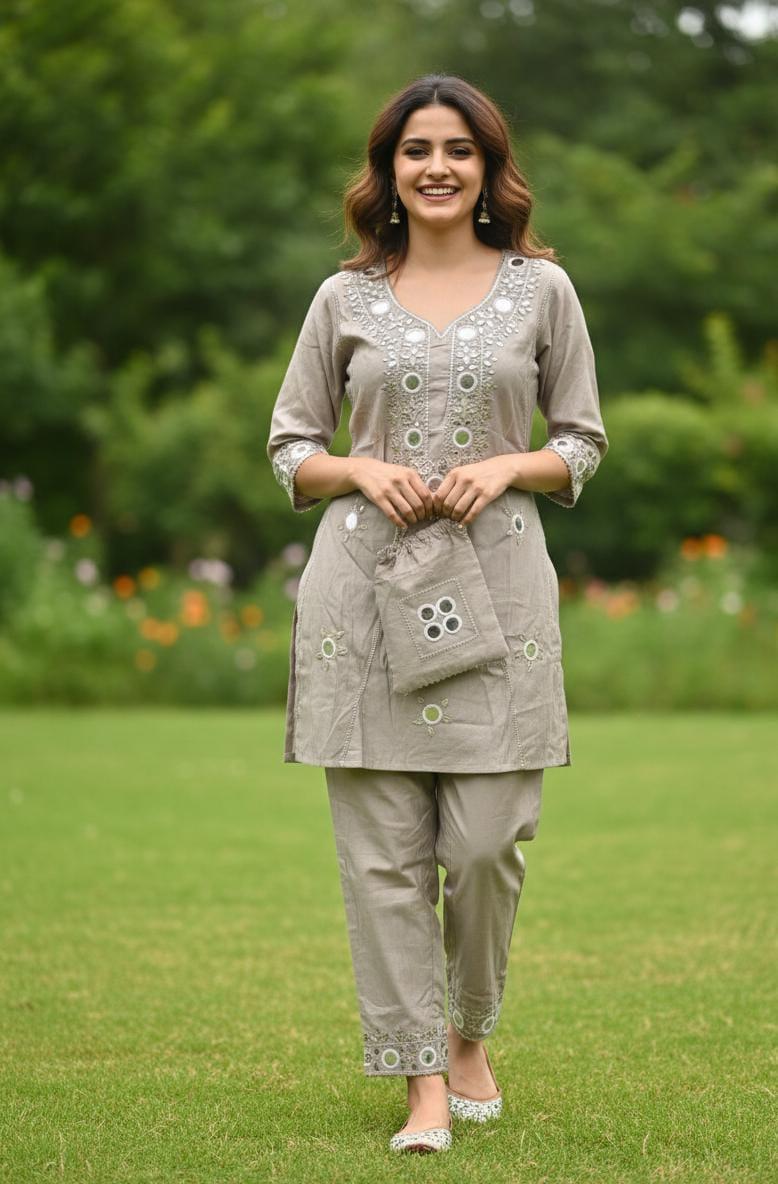 Elegant White Mirror Work Tunic & Trouser Set with Pouch