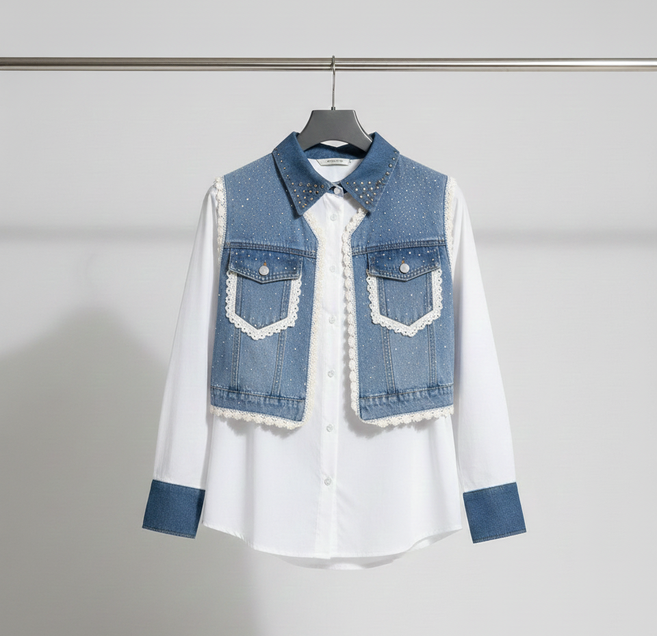 Embellished Denim Cropped Jacket Overlay - Image 2