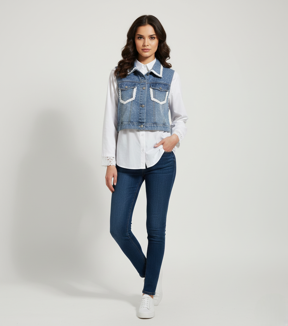 Embellished Denim Cropped Jacket Overlay